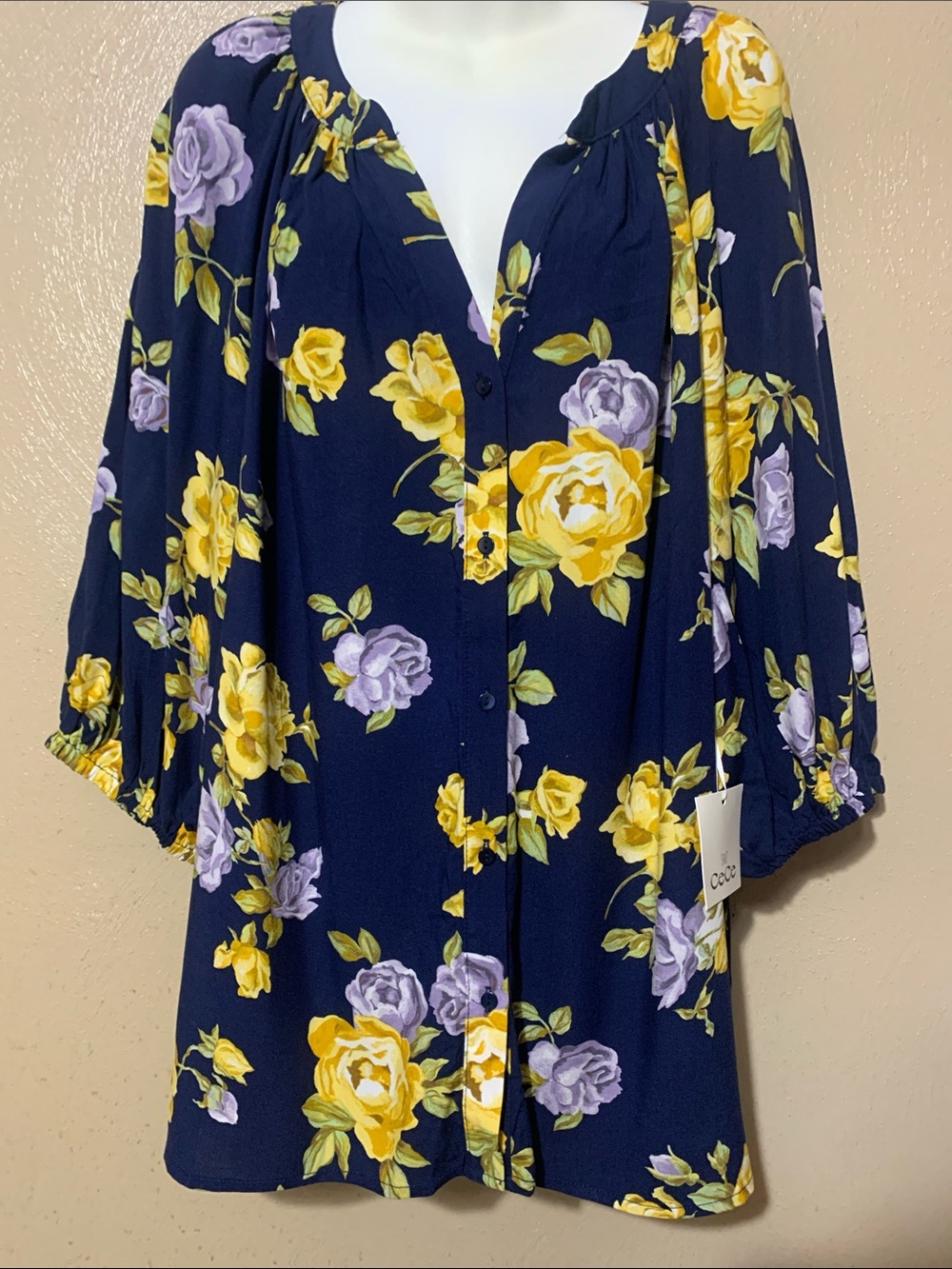 CeCe 2X Navy Floral Button-Front Blouse with Yellow & Lavender Roses NWT